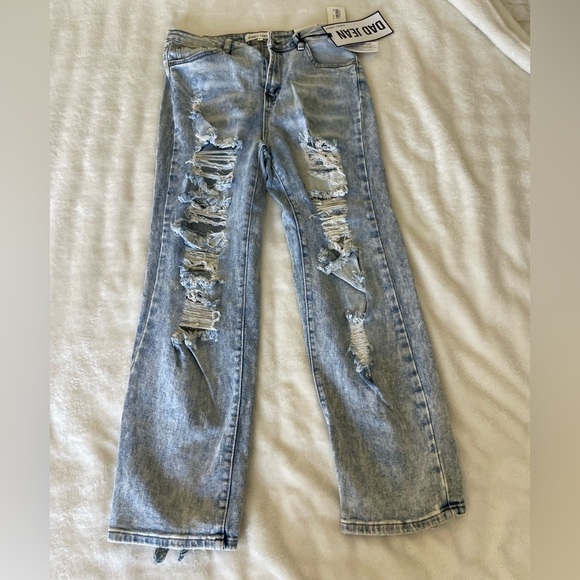 Almost Famous Light Blue Dad Distressed Straight Leg Jeans - Picture 1 of 13